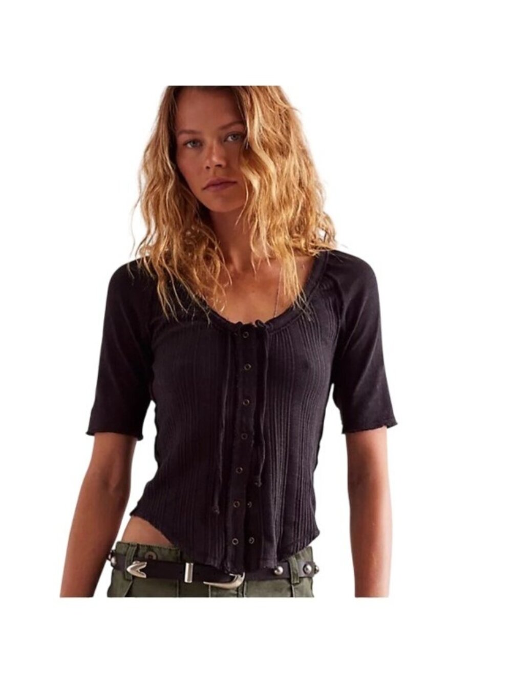 Free People We The Free Ribbed Button Down Top Black Size XS Whimsigoth Bohemian